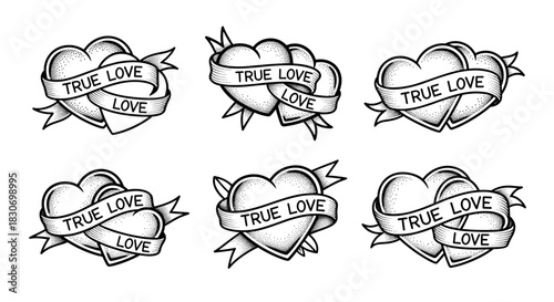 Set of six heart tattoos with banners saying true love and love.