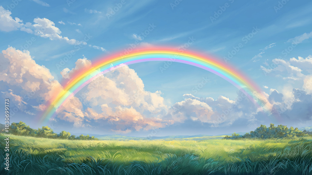 Obraz premium 澄んだ青空に現れた七色の虹と、爽やかな風が吹く昼の風景素材。自然、空、虹、明るい、癒し、季節感のあるビジュアルにぴったり。