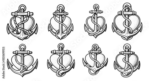Collection of Nautical Heart Anchors Tattoo Style Illustrations.
