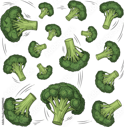 Create a kinds of deferent Falling Broccoli vector art with white background..