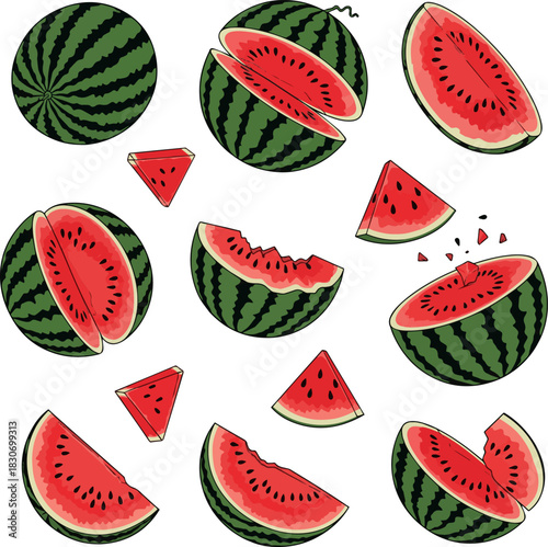Create a kinds of deferent Falling watermelon vector art with white background..