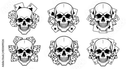 Set of Six Skull Designs with Dice and Playing Cards.