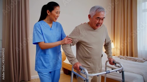 A caregiver assists an elderly man using a walker in a bedroom setting