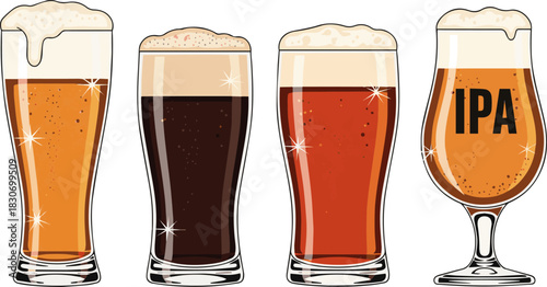 Create a kinds of deferent Four glasses of beer vector art with white background.