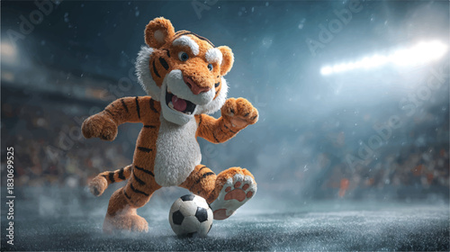Animated Tiger Mascot Character Playing Soccer in Stadium Lights Excitement