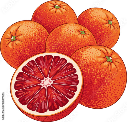 Create a kinds of deferent Fresh whole blood orange fruit and a vibrant half blood orange with red flesh vector art with white background..