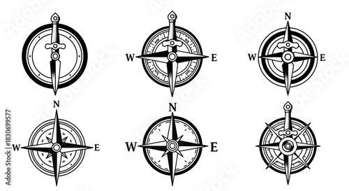 Collection of Six Vintage Compass Illustrations with Detailed Designs.