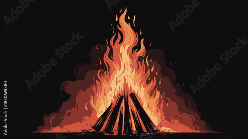 Crackling bonfire with glowing embers against a dark night sky, perfect for cozy campfires and outdoor adventures, embrace the warmth and flickering flames