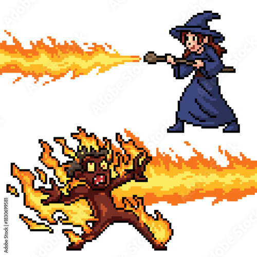pixel art isolated background of female wizard burning demon