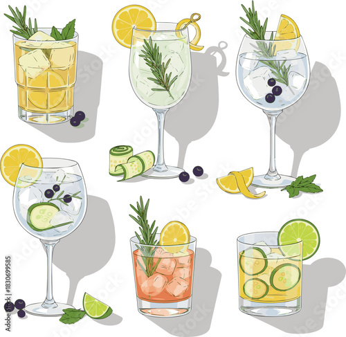 Create a kinds of deferent Gin and tonic with lemon and rosemary garnish vector art with white background..