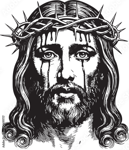 Black and White Illustration of Christ with Crown of Thorns - Holy Face of Jesus