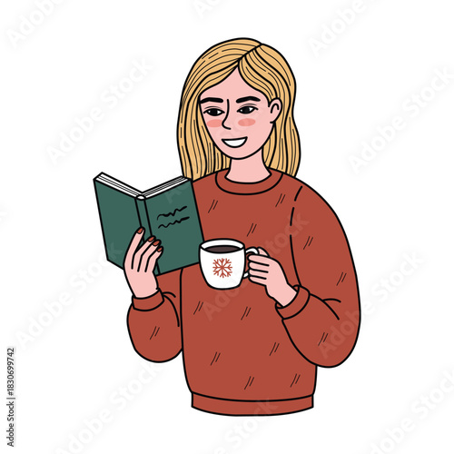 Illusrtation of woman reading book with coffee