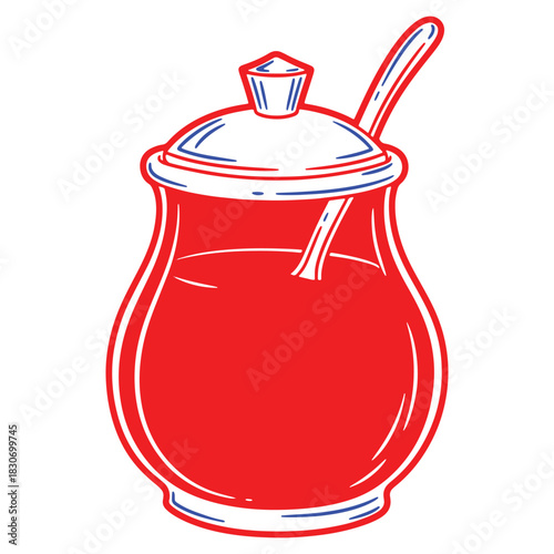 Red Jelly Jar Illustration with Spoon for Sweet Preserves and Fruit Spreads with Outline