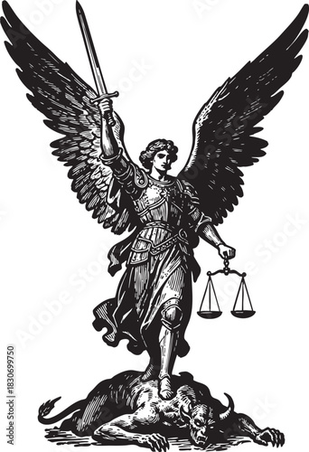 Black and White Illustration of Saint Michael Defeating a Demon