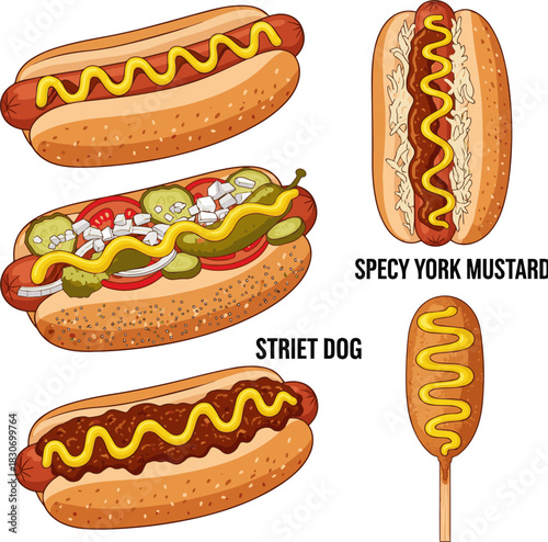 Create a kinds of deferent Hot dog with mustard vector art with white background.