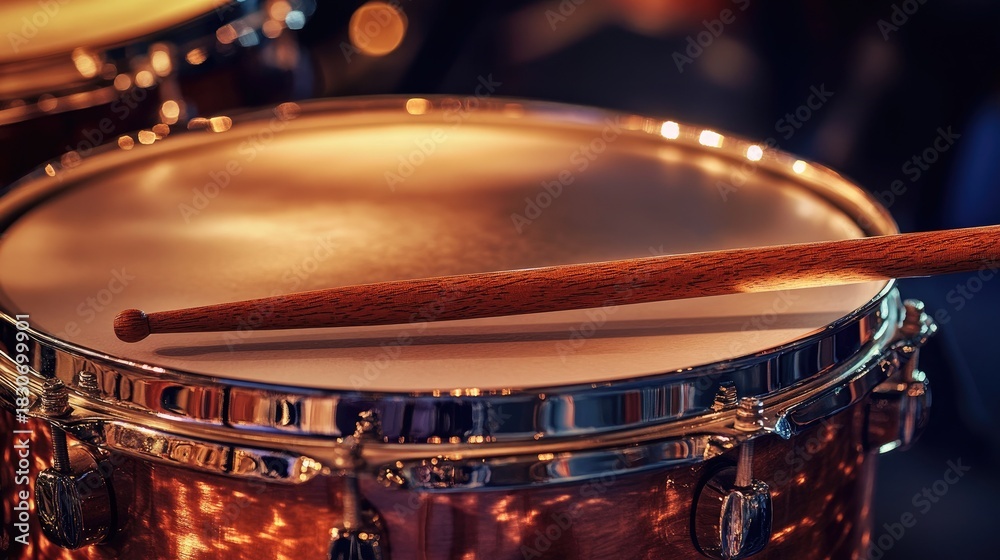 Obraz premium Close-Up of Wooden Drumstick Resting on Smooth Drumhead in a Dimly Lit Music Venue Setting with Bokeh Background