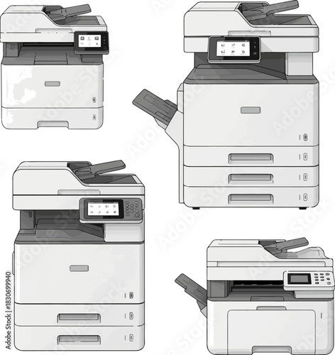 Create a kinds of deferent Modern white multifunction printer vector art with white background..