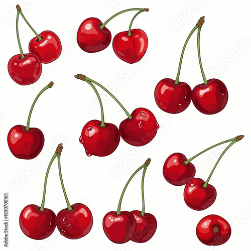 Create a kinds of deferent Red cherry vector art with white background.