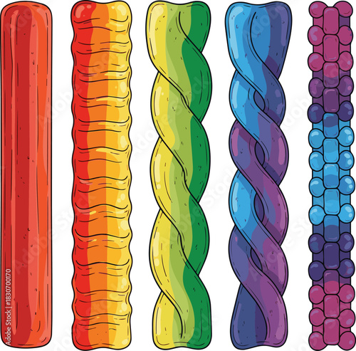 Create a kinds of deferent Rainbow gummy candy strip vector art with white background..