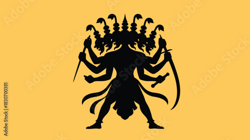 Epic silhouette of Ravana, king of Lanka, a powerful symbol of Indian mythology, perfect for cultural designs and dramatic visuals on yellow backdrop