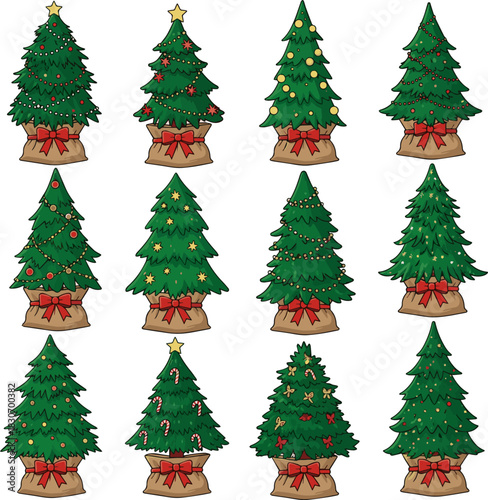 Create a kinds of deferent small green Christmas tree stands in a burlap sack tied with a red bow, festive designs. vector art with white background..
