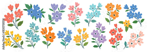 Collection of colorful flower elements vector. Set floral bouquet of wildflower, leaf branch, foliage on white background. Hand drawn blossom illustration for decor, easter, thanksgiving, clipart