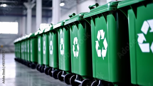A row of green recycling bins with recycling symbols, lined up on a reflective floor. Focus on the bins