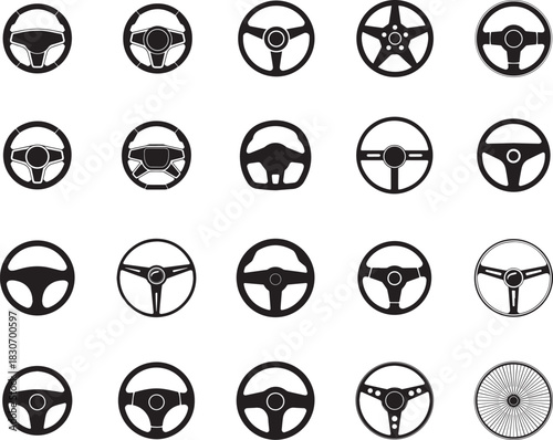 Steering wheel icons set of car driving control black silhouette vector elements