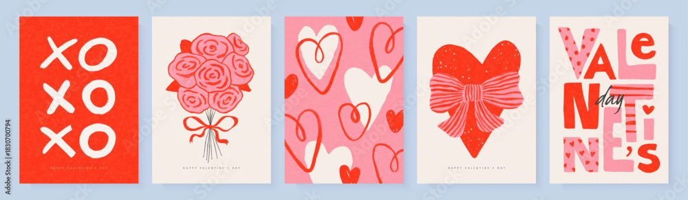 Naklejka premium Trendy Valentine's Day cards with hand-drawn hearts, roses, bows, and lettering. Modern style with casual illustrations and grainy textures. Vector