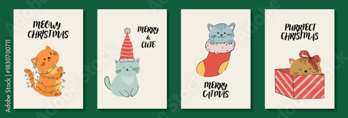 Collection of hand drawn Christmas cards with cute cats with funny quotes. Set of vector templates for a card, poster or banner for Merry Christmas and Happy New Year