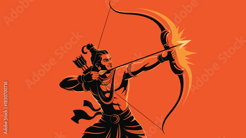 Powerful Rama aiming arrow with bow in vibrant cultural artwork for Diwali festivities and ancient traditions, inspiring bravery and strength today