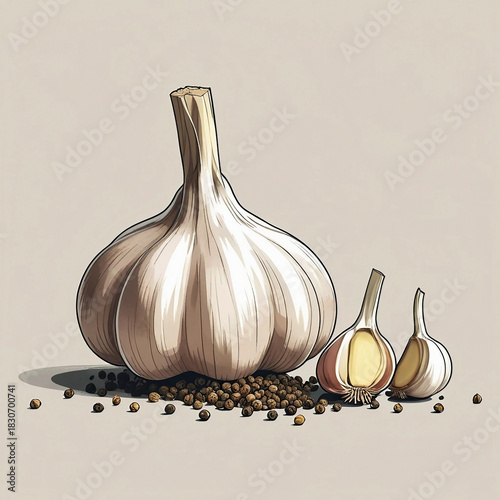 Garlic Bulb With Pepper Grains Illustration