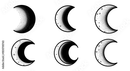 Set of six moon phases illustration with detailed textures.