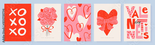 Trendy Valentine's Day cards with hand-drawn hearts, roses, bows, and lettering. Modern style with casual illustrations and grainy textures. Vector