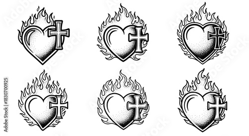 Sacred Heart Flaming Cross Religious Symbol Set.
