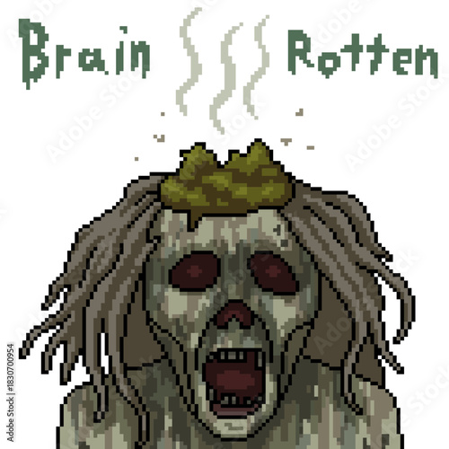 pixel art isolated background of zombie head brain rotten