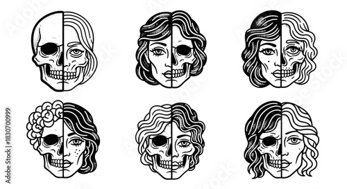 Six Split Face Skull Human Hybrid Illustrations.