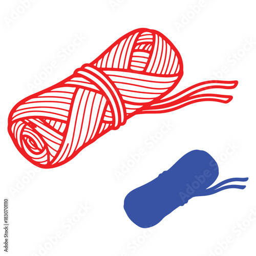 Red Yarn Skein Outline with Blue Shadow for Crafting and Creative Projects on White Backdrop