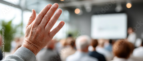 Audience listening to speaker during conference with raised hand in focus, signaling question or participation