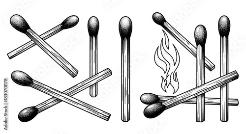 Collection of Hand Drawn Matches and Fire Illustrations.