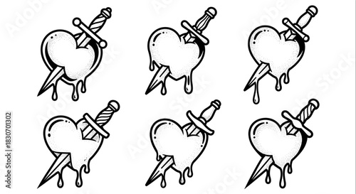 Set of Six Dagger Through Heart Tattoo Designs.