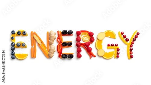 Fototapeta Naklejka Na Ścianę i Meble -  Creative typography with fruits and vegetables spelling energy