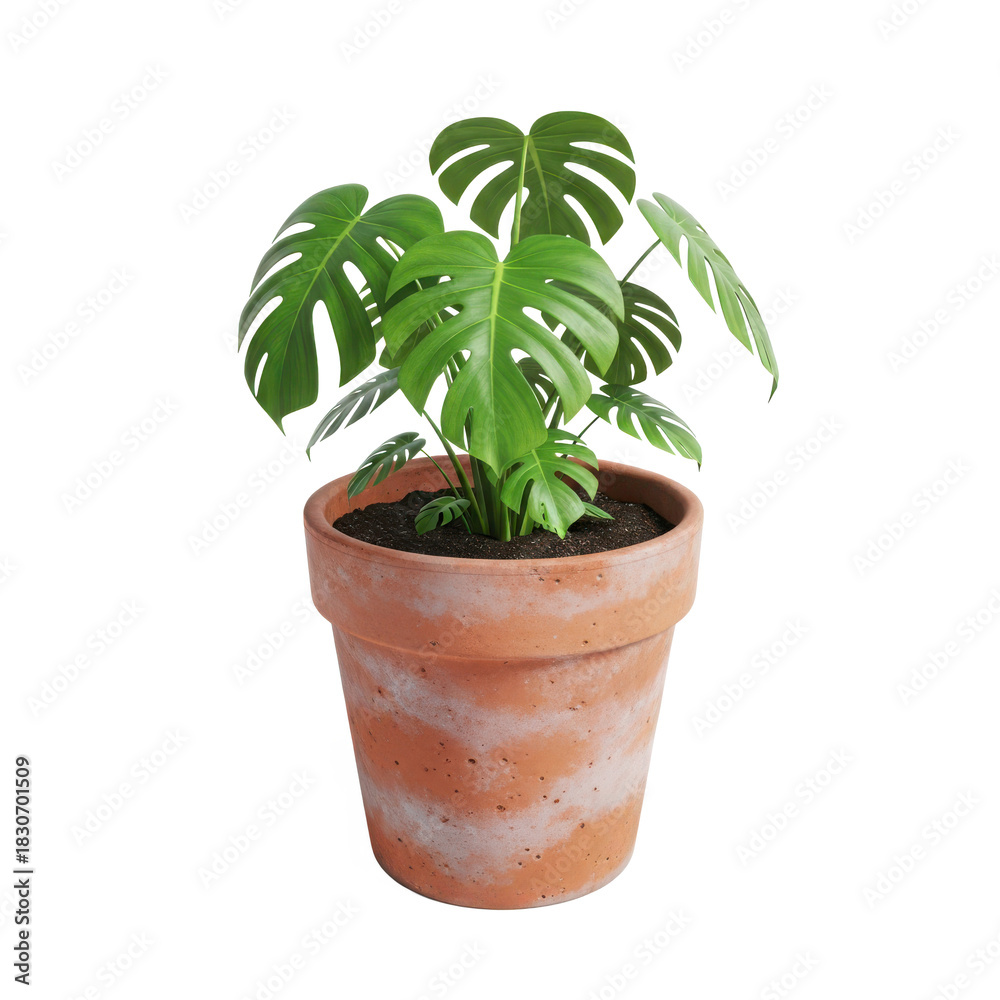 Fototapeta premium A healthy green monstera deliciosa plant with large fenestrated leaves in a terracotta pot isolated on transparent background