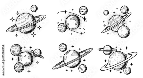 Hand Drawn Planets and Moons in Space Collection.