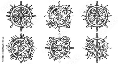 Nautical Helm and Rose Illustrations Set.