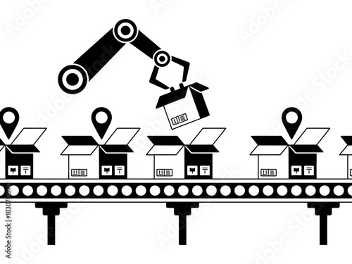 Robotic arm placing a box on a conveyor belt with boxes and location pins