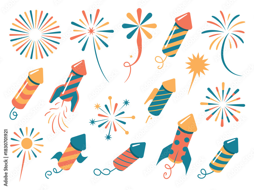 Obraz premium Illustration of various colorful fireworks and rockets on a white background