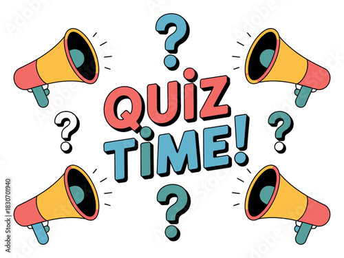 Illustration of quiz time text with megaphones and question marks around it