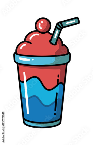 Cartoon illustration of a red and blue slushy with a straw and cherry