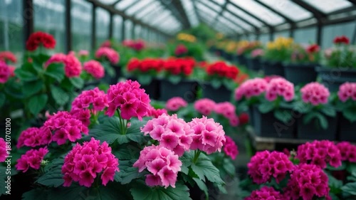 Vibrant greenhouse filled with blooming pink geraniums in pots showcasing colorful floral arrangements and lush green foliage under soft natural light with a blurred background atmosphere